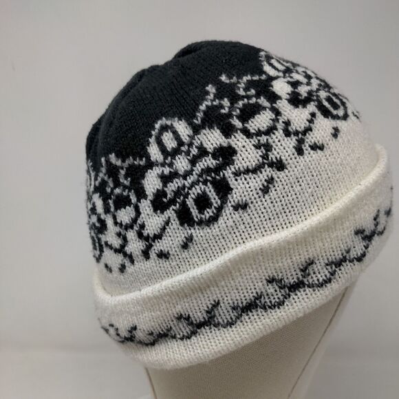 English Village Women's Knit Beanie Hat Cap Black White Fair Isle Acrylic - Picture 4 of 10
